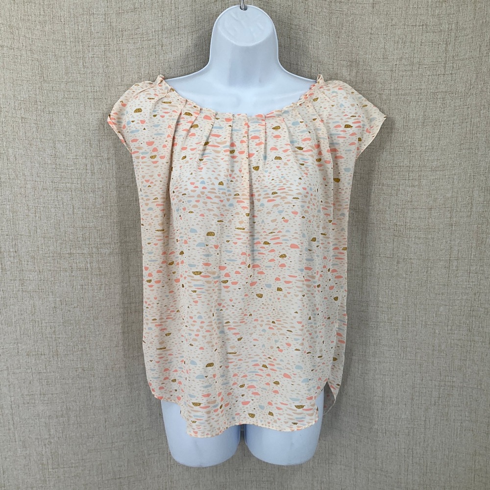 LC Lauren Conrad Blouse Women M Peach Abstract Glitter Tie Back Boho Airy Office
